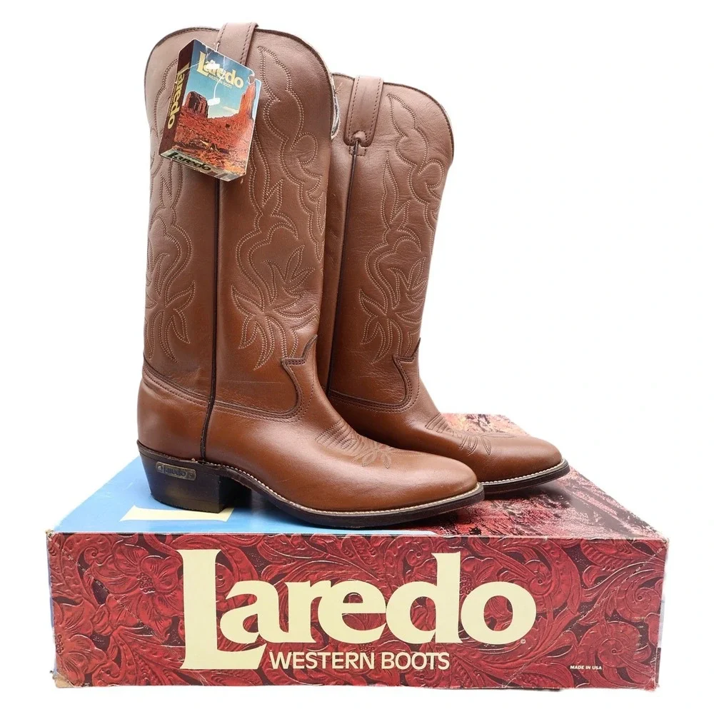 Laredo Vintage 90s Western Boots Mens 8 D Tan Brown Leather Cowboy 2786 NIB